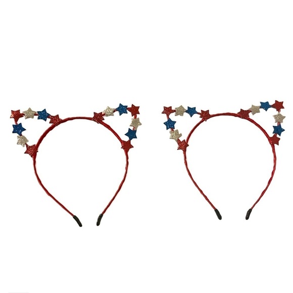 Red Blue Silver Glittery Tiny Stars White Wire Cat Ear July 4th Headbands 2Pc - Picture 1 of 6